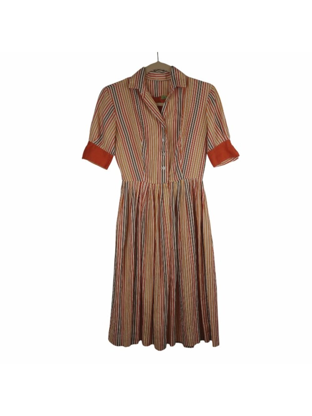 Vintage S 2 4 1960's 1970's Striped Button-Up Midi Dress Collared Orange Yellow